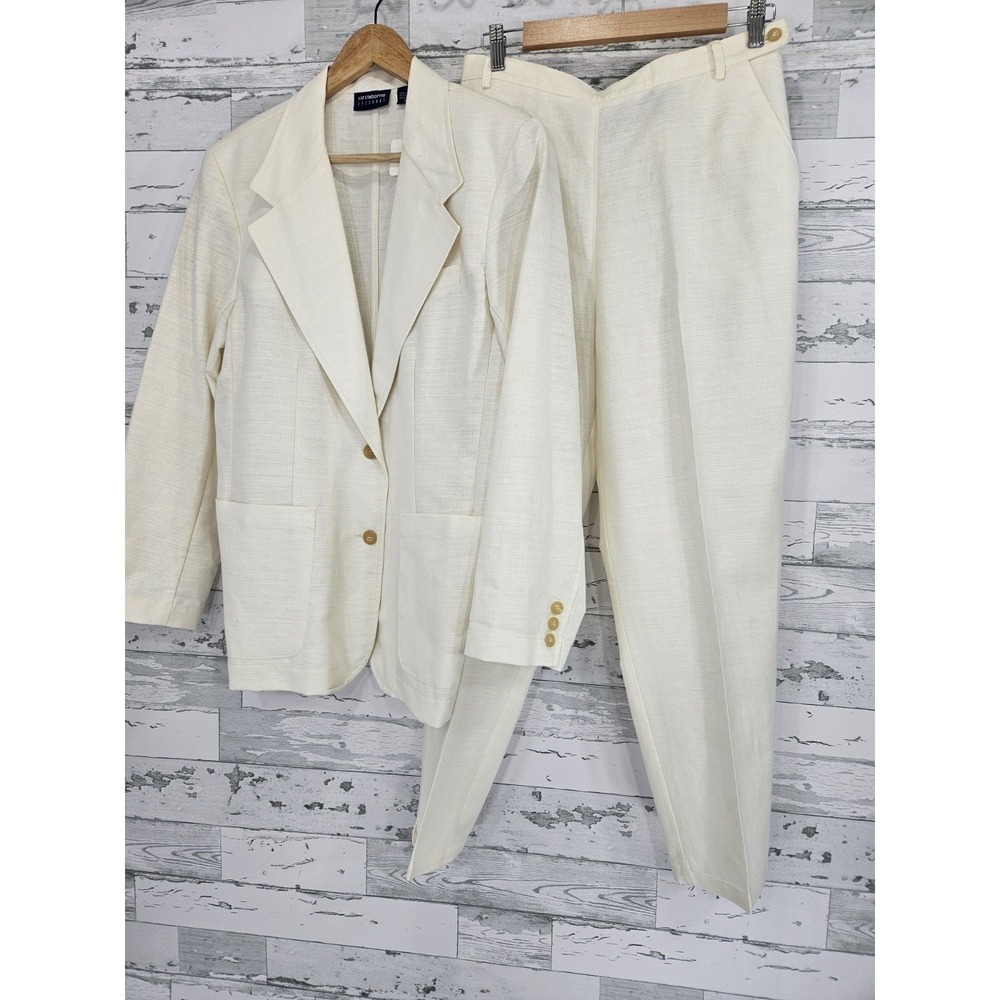 Liz Claiborne Lizsport Petite Linen Cotton Pant Suit Cream 2 Piece Set 14P L
